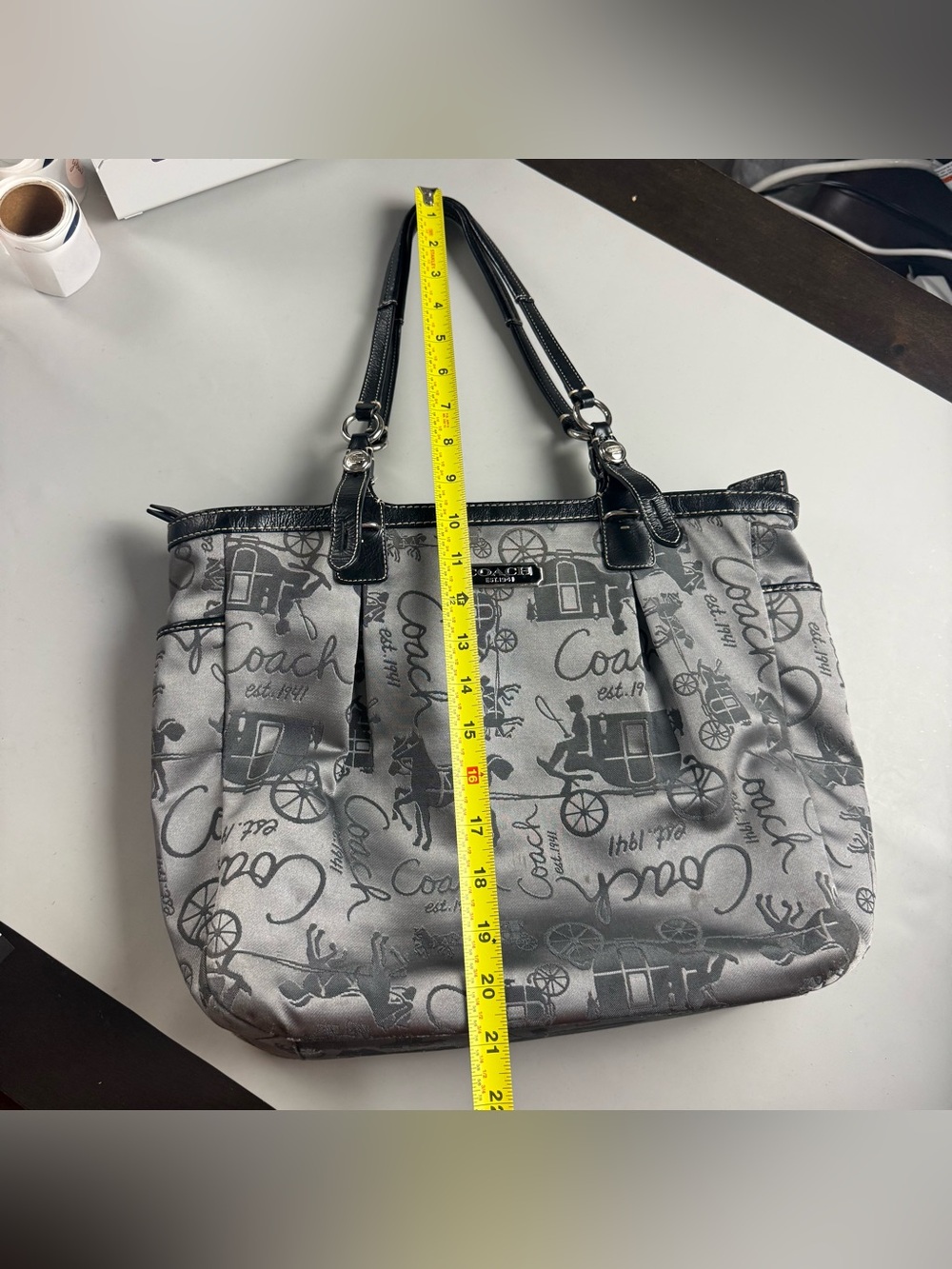 Coach Horse & Carriage Satin Jacquard Logo Tote Shoulder Bag Silver Gray Black - Picture 8 of 10